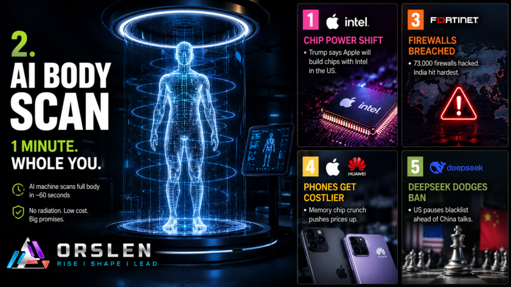 ORSLEN tech news cover June 19 2026 showing the Apple Intel chip deal, Midjourney body scanner, FortiBleed Fortinet hack, rising smartphone prices and the US China DeepSeek standoff in five numbered panels