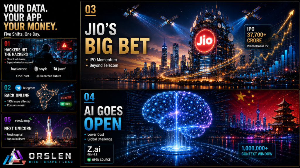ORSLEN tech news cover for June 22, 2026 showing five numbered stories: a cyber breach control room, Telegram returning in India, the Jio IPO, China's free GLM-5.2 AI and Seedcamp startup funding.
