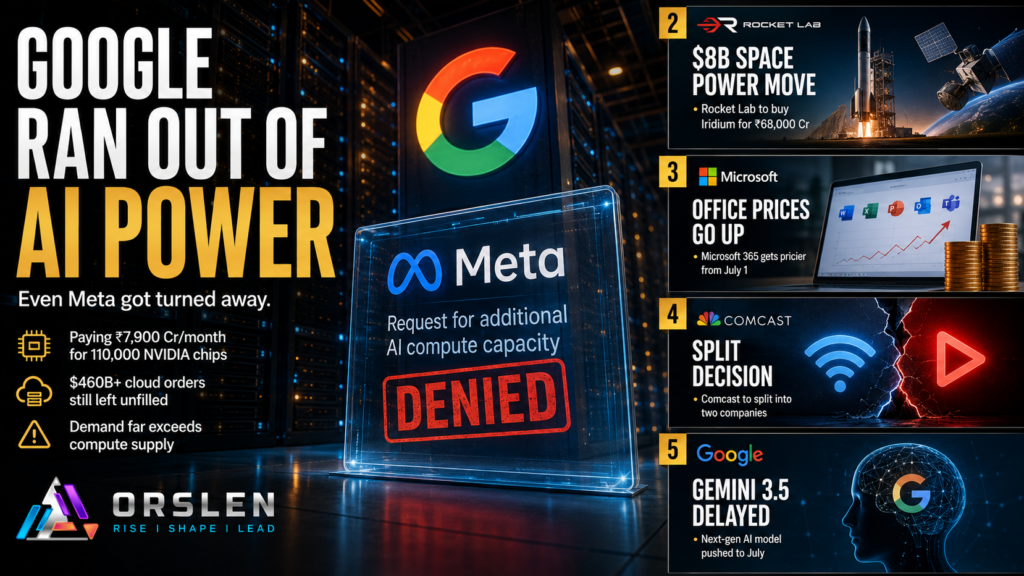 ORSLEN tech news cover for June 30 2026, a five panel numbered collage showing Google's AI power shortage and Meta cap, Rocket Lab buying satellite firm Iridium, the Microsoft 365 price rise, the Comcast NBCUniversal split and Google's delayed Gemini 3.5 Pro model.