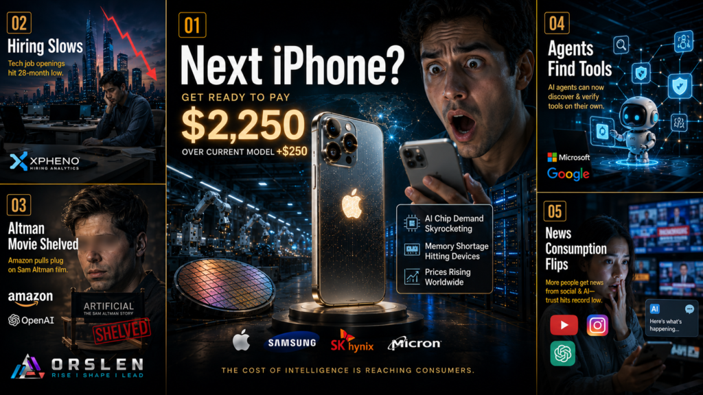 ORSLEN tech news cover for June 21, 2026 with five numbered panels showing Apple memory price warning, India tech job slump, Amazon Sam Altman film, AI agent tool discovery, and the Reuters global news report.