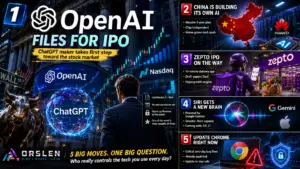 Editorial news cover of the five biggest tech stories on June 9, 2026 — OpenAI's confidential IPO, China's $295 billion AI data-centre plan, Zepto's IPO filing, Apple's Gemini-powered Siri AI, and a Google Chrome zero-day security update.