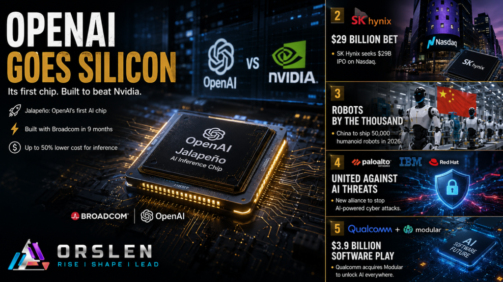 ORSLEN tech news cover for June 24 2026 showing five numbered stories: OpenAI's first AI chip Jalapeno, SK Hynix's $29 billion Nasdaq listing, China's humanoid robot surge, an IBM Palo Alto Red Hat cybersecurity alliance and Qualcomm's Modular software deal.