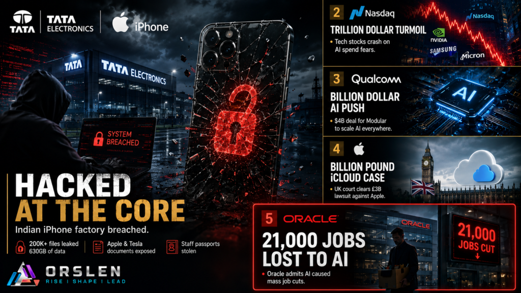 ORSLEN tech news cover for June 23 2026 with five numbered zones showing the Tata Electronics hack, a global tech stock selloff, a Qualcomm AI chip deal, an Apple iCloud court case and Oracle AI job cuts.