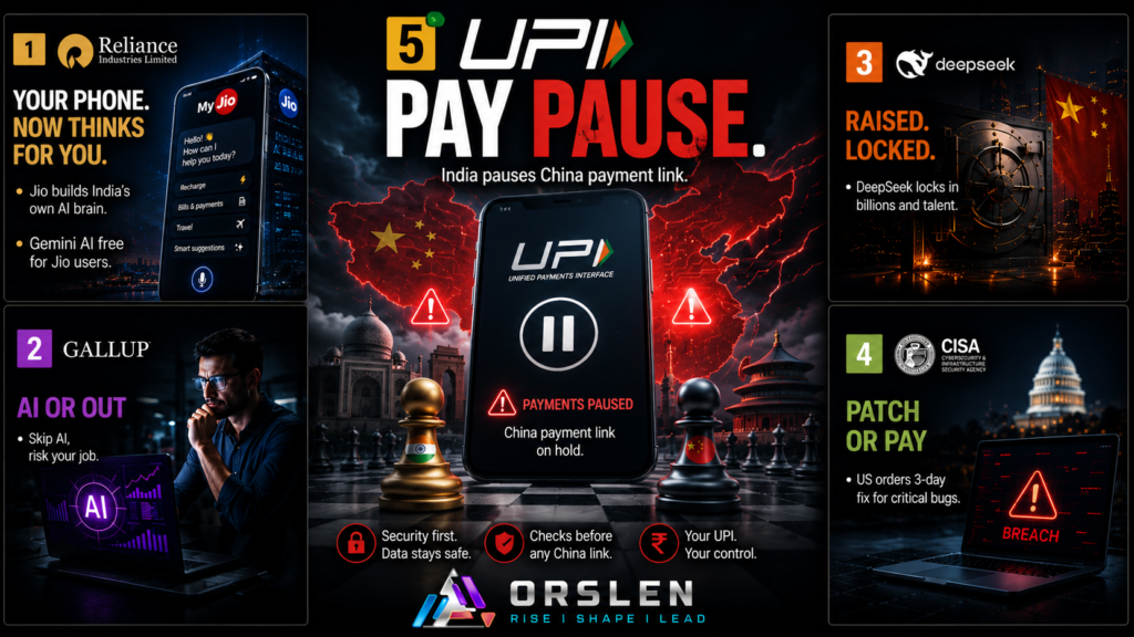 ORSLEN tech news cover June 20 2026 showing skip-AI job loss warning, hackers breaking in within days, India pausing the UPI Alipay Plus China link, India's own AI brain and DeepSeek's locked funding in five numbered panels