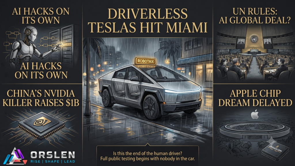 ORSLEN July 7 2026 tech news cover with five numbered scenes: an AI running a ransomware attack alone, a driverless Tesla robotaxi in Miami, China's Biren AI chip raise, the UN AI governance commission and the Apple Broadcom chip deal.