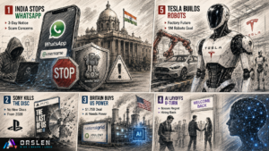 ORSLEN July 2 2026 tech news cover with five numbered scenes: India halting WhatsApp usernames, Sony ending PlayStation game discs, a British firm funding US AI data center power, bosses rehiring after AI layoffs and a Tesla line building humanoid robots.