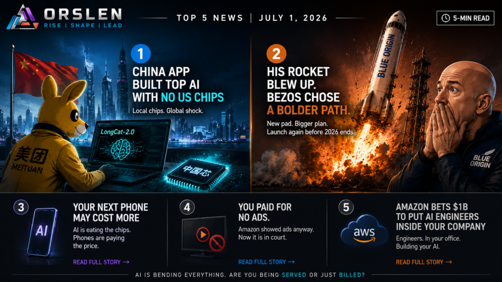 ORSLEN July 1 2026 tech news cover with five numbered scenes: a Chinese AI chip data centre, a half-empty phone assembly line, an Amazon Prime ad court case, AWS AI engineers in an office and a scorched Blue Origin launch pad.